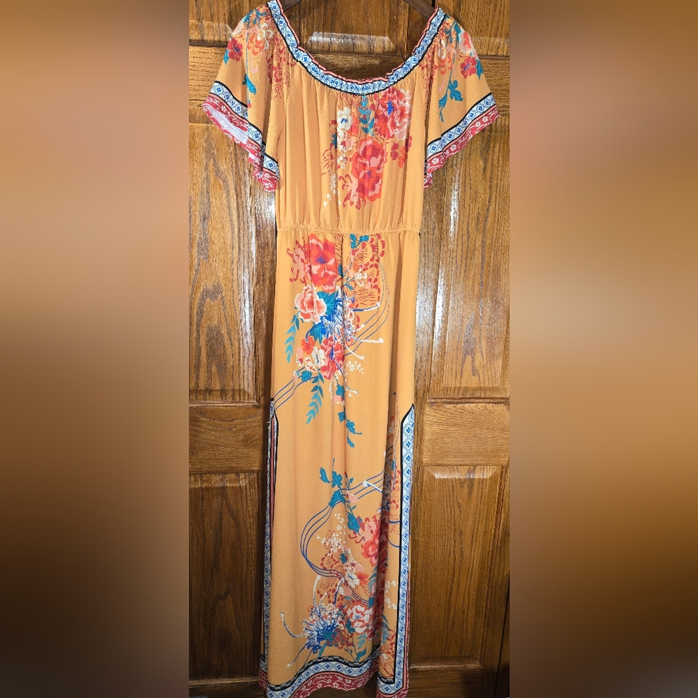 Flying Tomato Orange Red Off Shoulder Floral Leg Slit Elastic Waist Maxi… - Picture 4 of 4